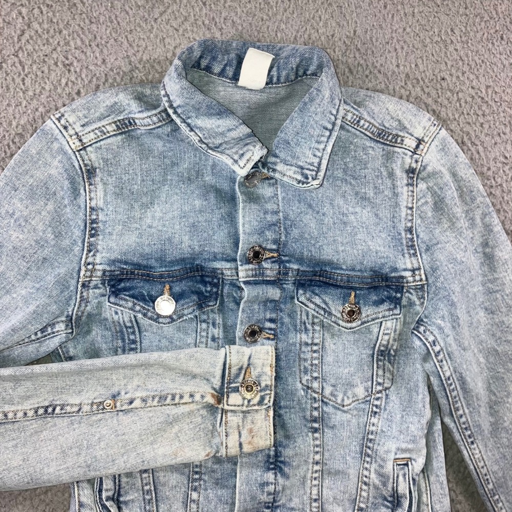 Acid Wash Denim Trucker Jacket Women 0 XS Light Blue Thrashed 90s Grunge Indie